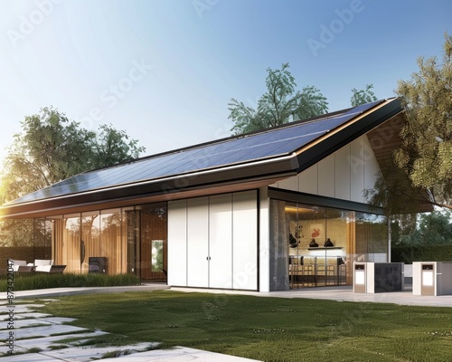 Modern, sustainable home with solar panels on the roof, surrounded by lush greenery.