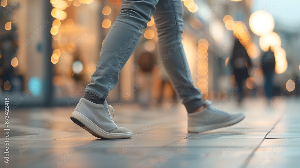 Fototapeta premium Casual Winter Stroll on a Snowy Urban Street with Blurred Bokeh Lights