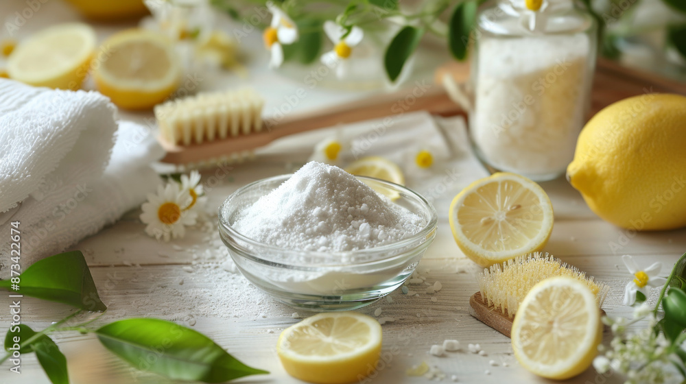 A lemon and various cleaning supplies placed on a table, emphasizing the use of DIY natural cleaning products for eco-friendly household cleaning. A lemon and various cleaning supplies placed on a table, emphasizing the use of DIY natural cleaning products for eco-friendly household cleaning.