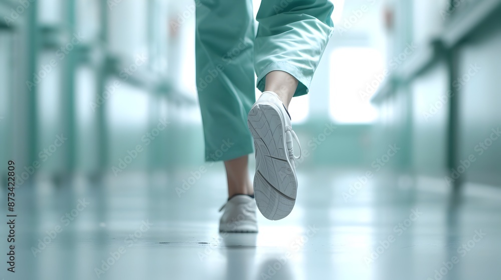 Urgent Nurse Rushing in Dynamic Mid-Stride Run with Natural Lighting Urgent Nurse Rushing in Dynamic Mid-Stride Run with Natural Lighting
