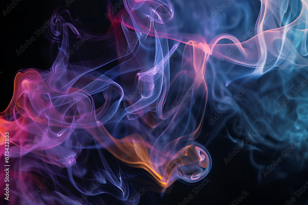 Floating smoke-like shapes in various colors on a black background, creating an ethereal and mesmerizing visual effect. Floating smoke-like shapes in various colors on a black background, creating an ethereal and mesmerizing visual effect.