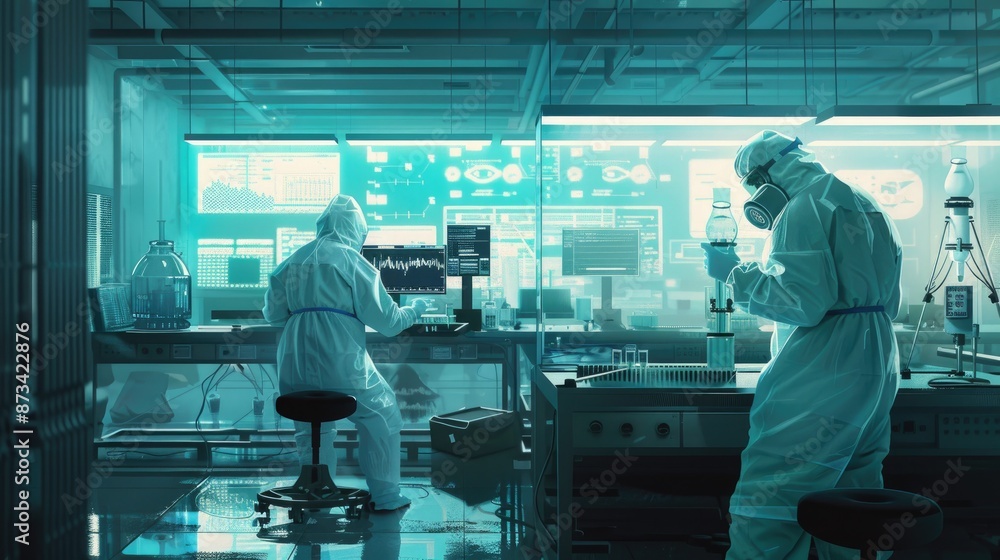Two scientists in protective suits work in a laboratory, focused on their research. Two scientists in protective suits work in a laboratory, focused on their research.