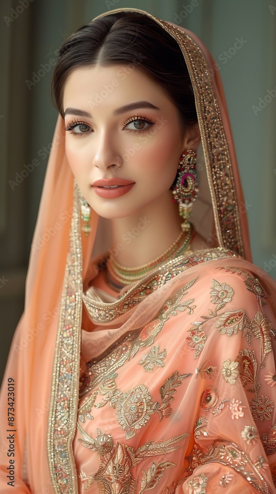 Glamorous Woman in Peach Sari with Stunning Earrings and Makeup Glamorous Woman in Peach Sari with Stunning Earrings and Makeup