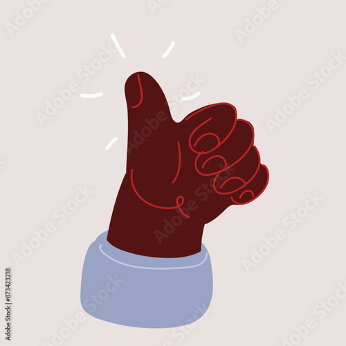 Carton vector illustration of Closeup of hand showing thumbs up sign against white background.