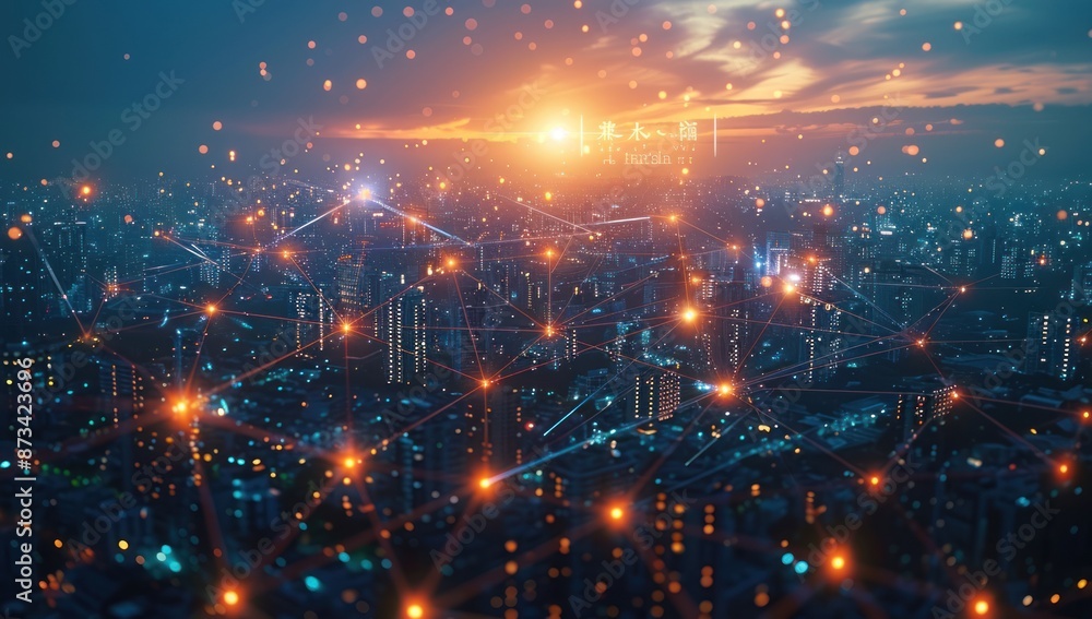 Fototapeta premium Cityscape at Dusk with Network Connections