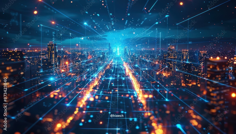 Digital Network Above a Cityscape at Night Digital Network Above a Cityscape at Night