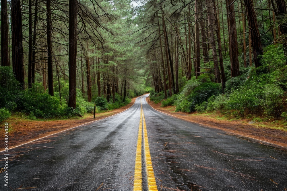 Fototapeta premium Wet asphalt road winding through a lush green pine forest