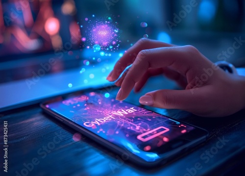 Close-up of a cyber warrior's hand using a holographic screen on a phone to fight in the cyber war. generative ai