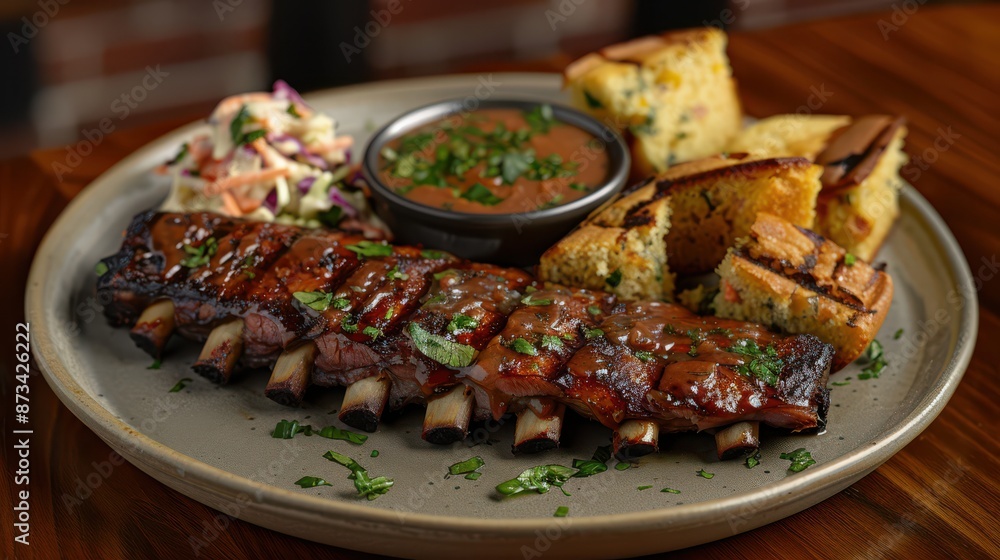 Mouth-watering BBQ pork ribs served with a side of coleslaw, cornbread, and dipping sauce on a stylish gray plate with wooden backdrop Mouth-watering BBQ pork ribs served with a side of coleslaw, cornbread, and dipping sauce on a stylish gray plate with wooden backdrop