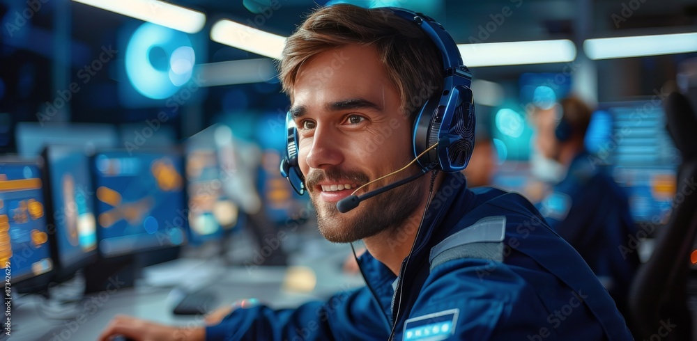 Smiling Male Technician Wearing Headset in Modern Control Room Smiling Male Technician Wearing Headset in Modern Control Room