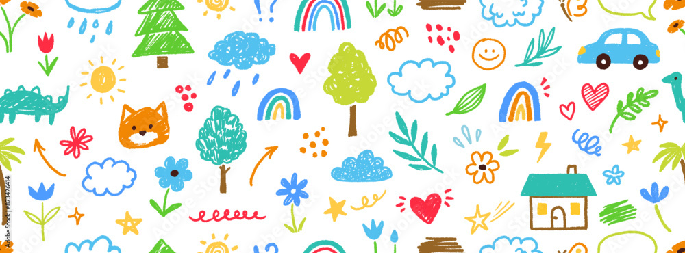 Cute kid flower, child element seamless pattern. Hand drawn doodle sketch children cute vector school chalk background. Kids doodle crayon style line flower, cloud doodle pattern. Vector illustration Cute kid flower, child element seamless pattern. Hand drawn doodle sketch children cute vector school chalk background. Kids doodle crayon style line flower, cloud doodle pattern. Vector illustration