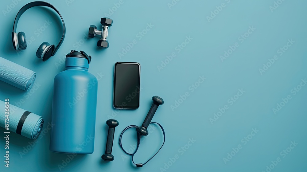 On the light wood floor, there is a blue yoga mat, two black dumbbells, two blue water bottles, two lids, two black keychains, a white and blue water bottle, and a beaded necklace On the light wood floor, there is a blue yoga mat, two black dumbbells, two blue water bottles, two lids, two black keychains, a white and blue water bottle, and a beaded necklace