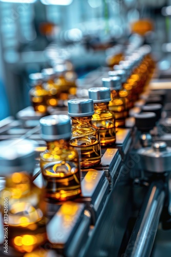A row of bottles with a silver cap on top. The bottles are lined up on a conveyor belt