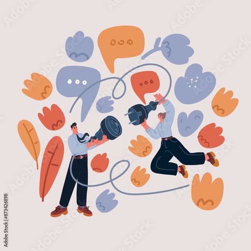Carton vector illustration of Business People Hold Plug in Hands. Man and Woman Connecting Power Socket. Teamwork Business Connection, Partnership, Cooperation Concept.