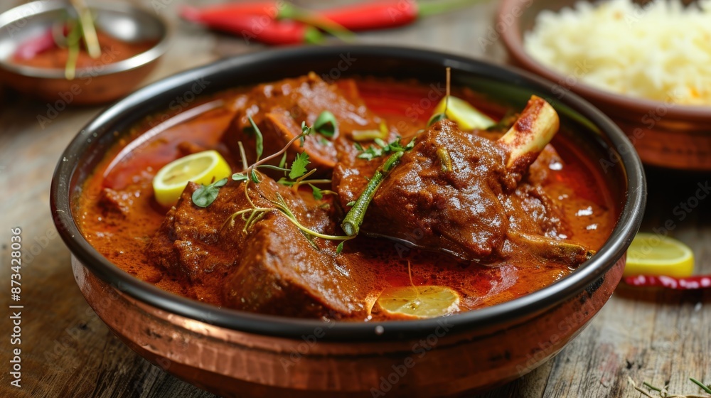 A bowl of red curry with meat and vegetables. The bowl is on a wooden table. The curry is served with rice A bowl of red curry with meat and vegetables. The bowl is on a wooden table. The curry is served with rice