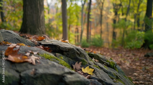 A close-up view of a pile of gray rocks, covered in fallen autumn leaves