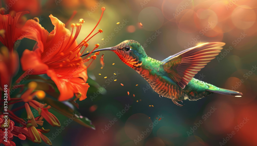 Close-Up Macro Shot of a Hummingbird in Mid-Flight, Sipping Nectar from a Vibrant Flower . Nature Photography Background Wallpaper.
Close-Up Macro Shot of a Hummingbird in Mid-Flight, Sipping Nectar from a Vibrant Flower . Nature Photography Background Wallpaper.