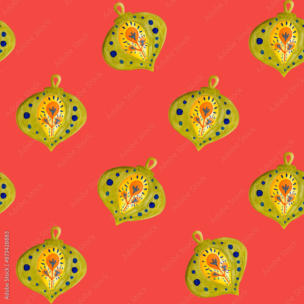 green toy with patterns in Scandinavian style seamless pattern on a red background watercolor illustration in hygge style. Cozy Christmas. basis for the design of textile cards and gift paper green toy with patterns in Scandinavian style seamless pattern on a red background watercolor illustration in hygge style. Cozy Christmas. basis for the design of textile cards and gift paper