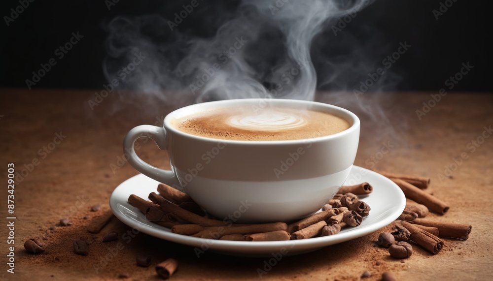 A steaming cup of coffee with cinnamon sticks and coffee beans A steaming cup of coffee with cinnamon sticks and coffee beans