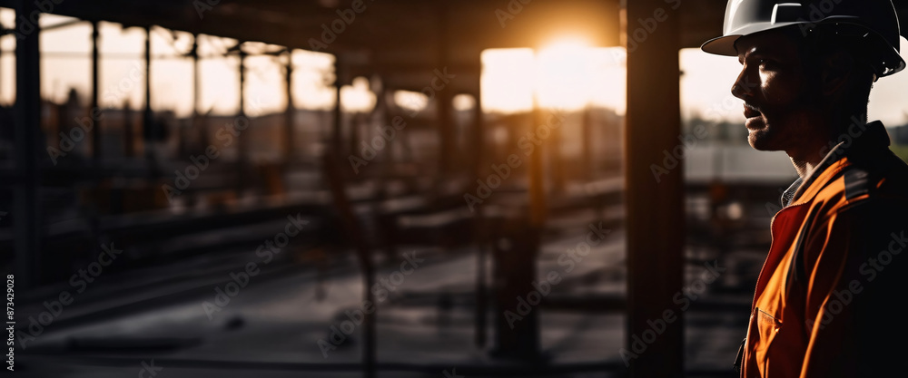 Fototapeta premium A silhouette of construction electrician working in a factory, worker with helmet, electrical worker in action