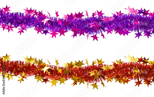Christmas decoration, festive garland. Multicolored bright fluffy tinsel with stars isolated on white background. Design element for creating Christmas cards, collages, banners, frames.