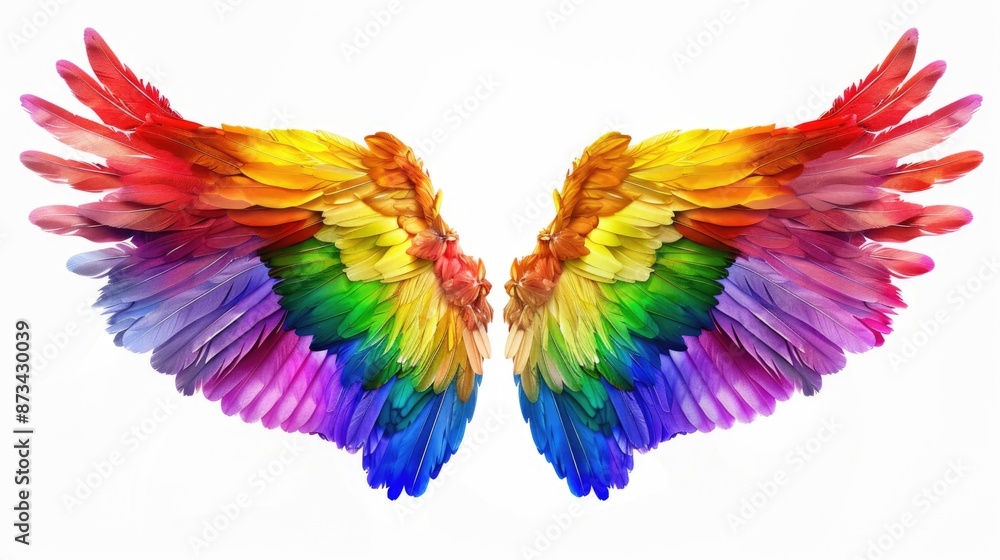 Obraz premium The wings of a bird are shown in full color, with each feather displaying a different color. Concept of freedom and beauty, as the rainbow-colored wings of the bird soar through the sky