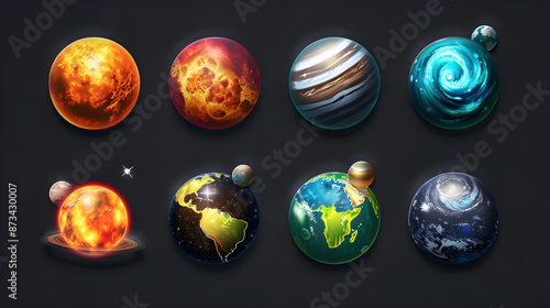 A Collection of Detailed Astronomy Icons Depicting Stars, Planets, and Celestial Bodies for Educational Use