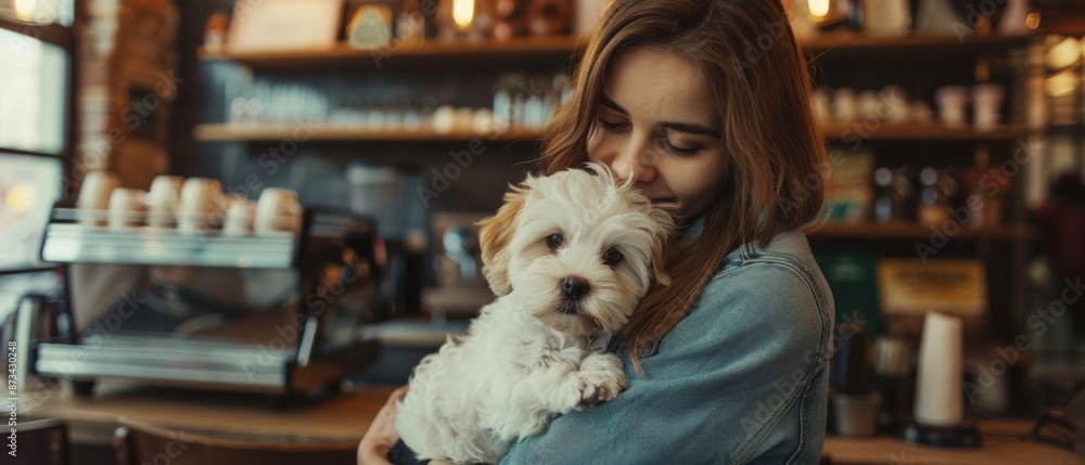 Ultra sharp image of a lovely young woman tenderly holding her cute white dog, showcasing Ultra sharp image of a lovely young woman tenderly holding her cute white dog, showcasing