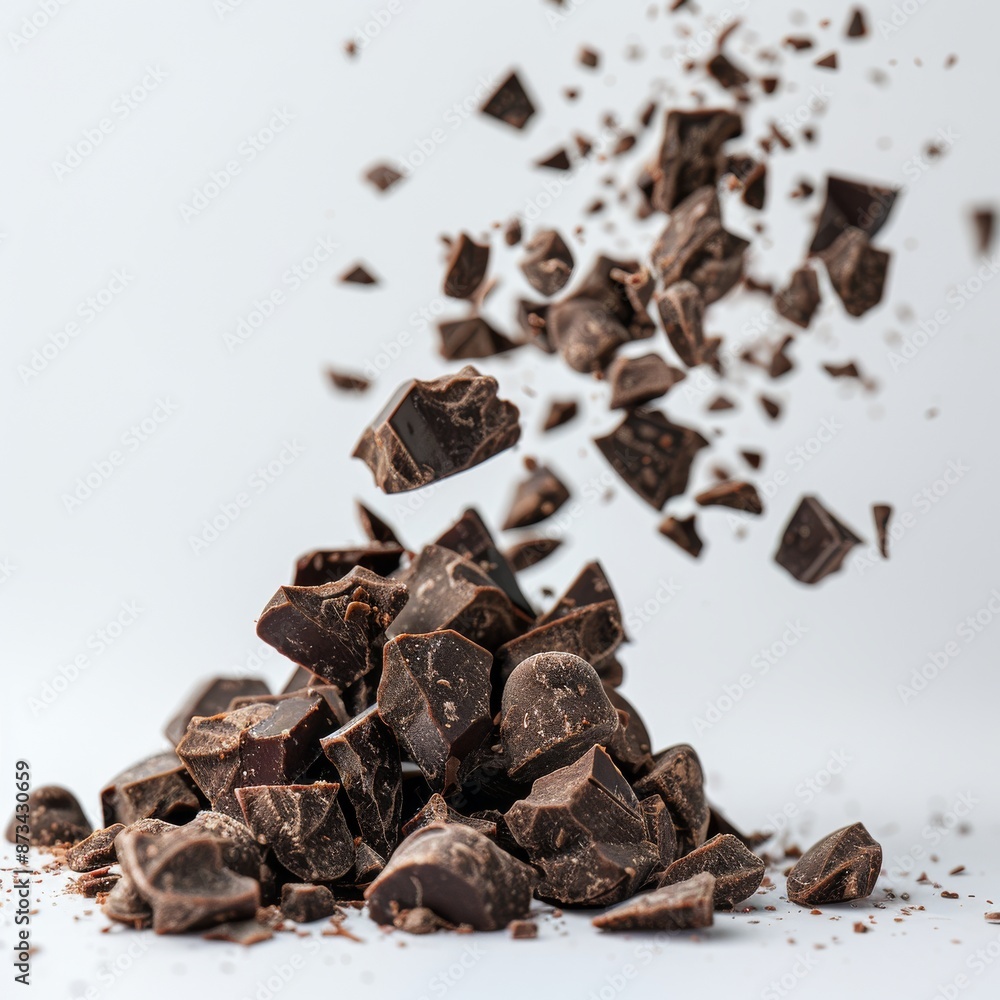Obraz premium Heap of dark chocolate chunks with pieces flying in the air.