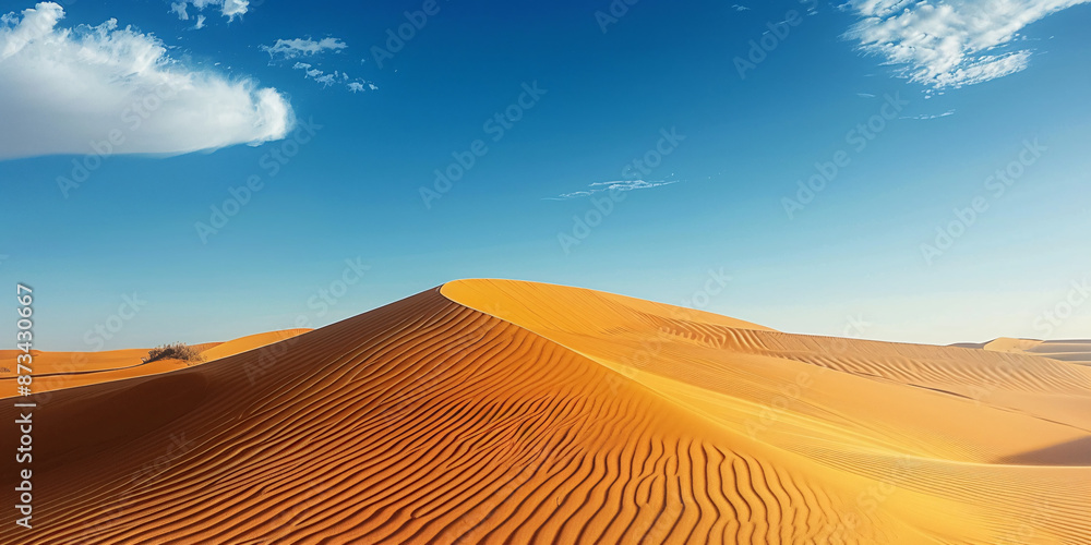 Naklejka premium Sweeping sand dunes in the desert during summer, a breathtaking and arid landscape perfect for travel and exploration.