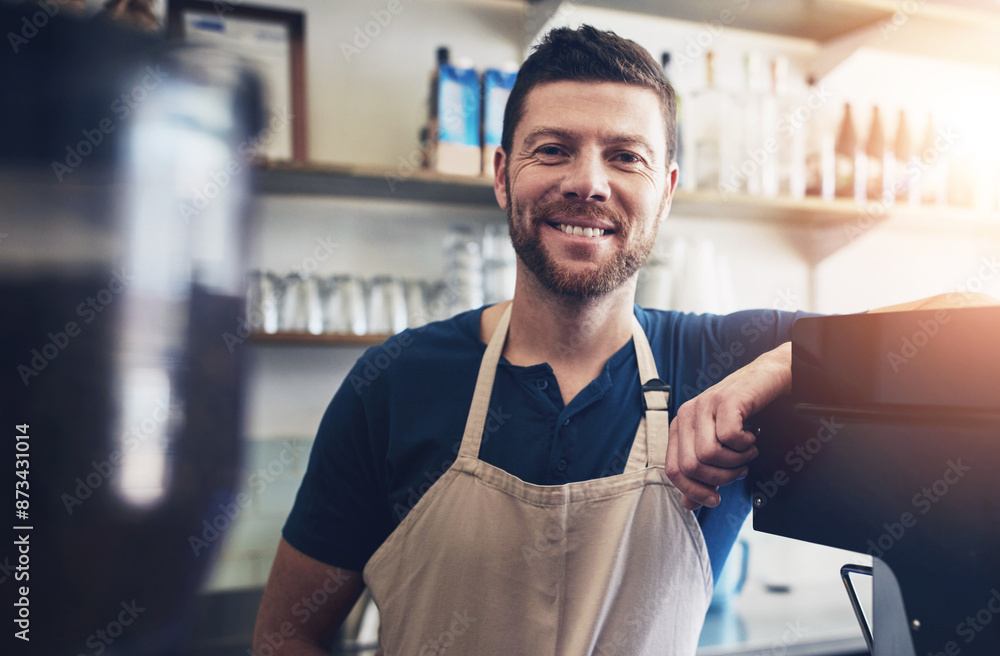 Barista, man or smile by counter in cafe for customer service, hospitality or coffee shop startup. Small business, waiter or happy server or portrait with ready to welcome, bistro management or pride Barista, man or smile by counter in cafe for customer service, hospitality or coffee shop startup. Small business, waiter or happy server or portrait with ready to welcome, bistro management or pride