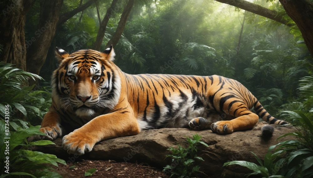 Obraz premium Majestic tiger resting on a rock in a lush jungle