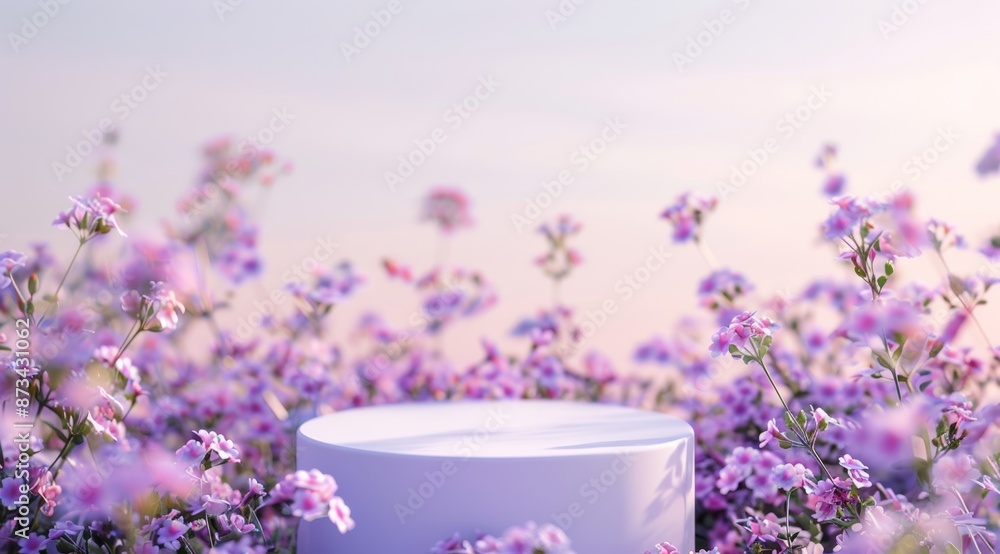 An elegant white container placed amidst purple flowers in a serene natural environment An elegant white container placed amidst purple flowers in a serene natural environment