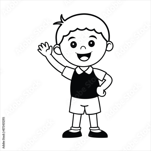 happy school kid waving hands vector line art