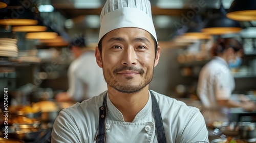 male Asian  chef in a professional restaurant kitchen photo