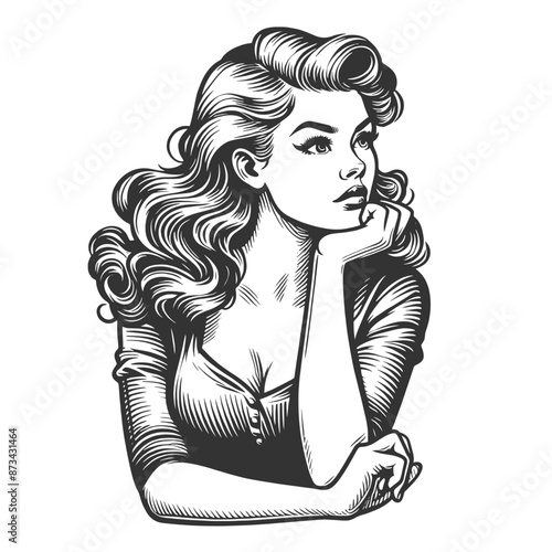 pensive thoughtful woman with flowing hair and a hand on her face sketch engraving generative ai fictional character vector illustration. Scratch board imitation. Black and white image.
