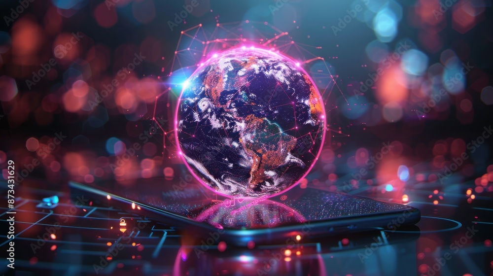 The world wide web in the form of a globe in the phone. global internet connection The world wide web in the form of a globe in the phone. global internet connection