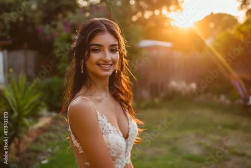 Smiling Bride in Elegant Wedding Dress Portrait