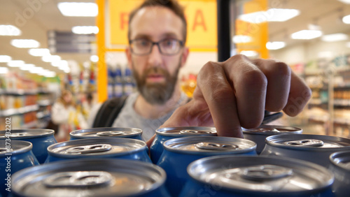 Cuadro en lienzo Close-up of many aluminum cans of beer in a store fridge and a male buyer taking