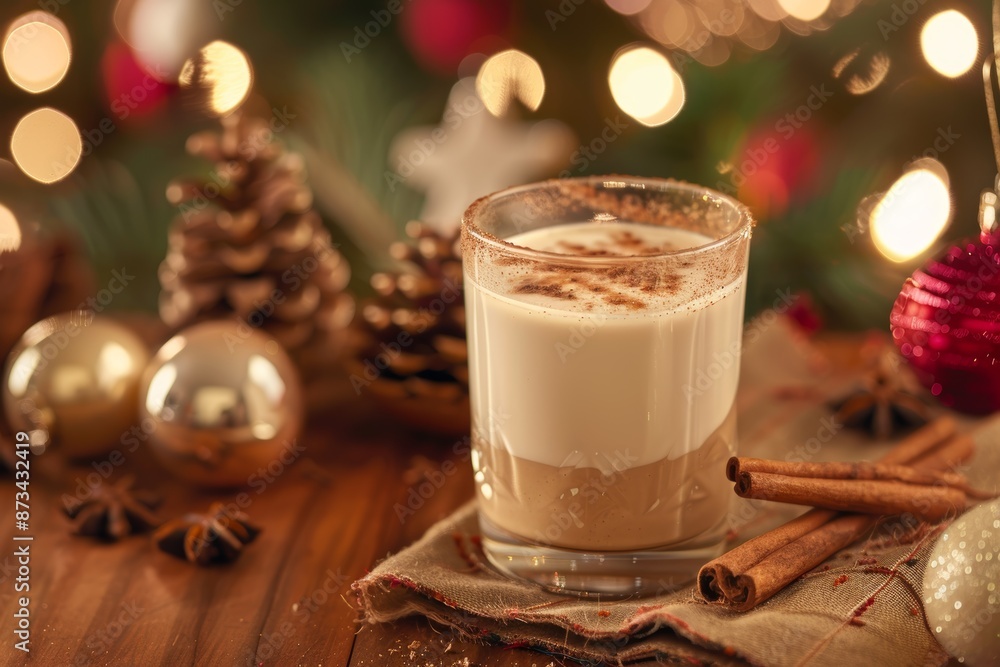 Festive Eggnog Drink in Traditional Glass with Cinnamon, Set Against a Holiday Backdrop Festive Eggnog Drink in Traditional Glass with Cinnamon, Set Against a Holiday Backdrop