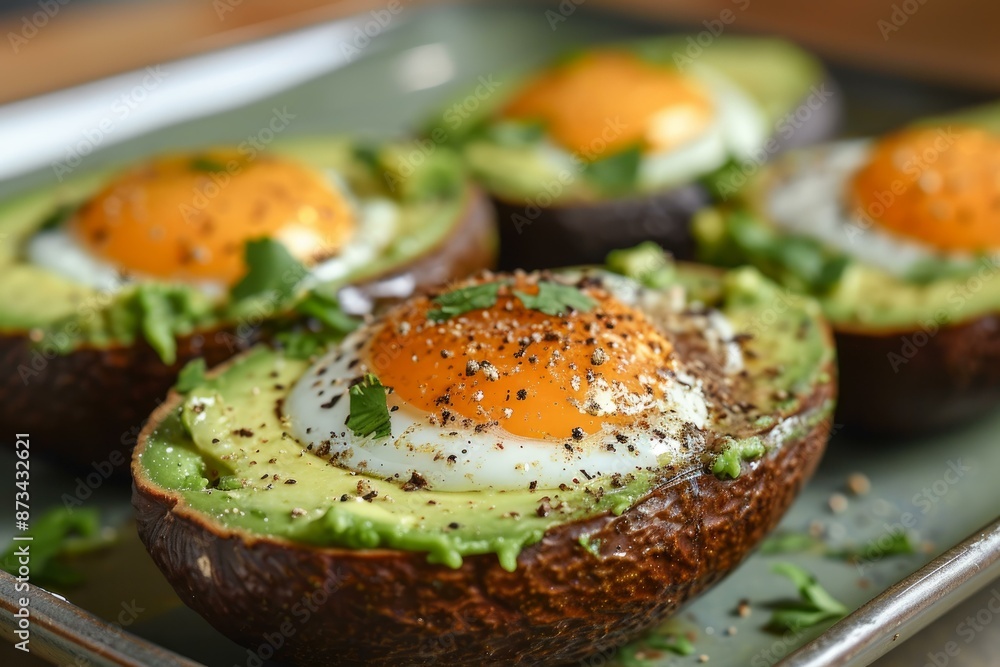 Baked eggs in avocado halves garnished with herbs and spices Baked eggs in avocado halves garnished with herbs and spices
