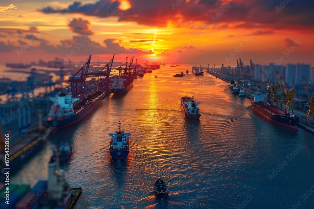 Obraz premium Busy Oil Tanker and Cargo Ship Port During Golden Hour: Maritime Transportation Activity