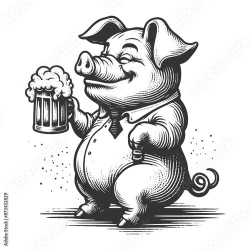 cartoon pig in a shirt and tie, happily holding a beer mug, showcasing vintage illustration style sketch engraving generative ai vector illustration. Scratch board imitation. Black and white image.