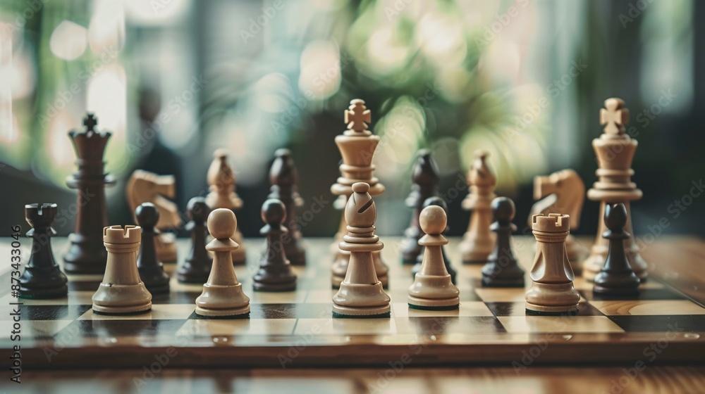 A clean setup with a simple chessboard and neatly arranged pieces on a smooth, light-colored surface A clean setup with a simple chessboard and neatly arranged pieces on a smooth, light-colored surface