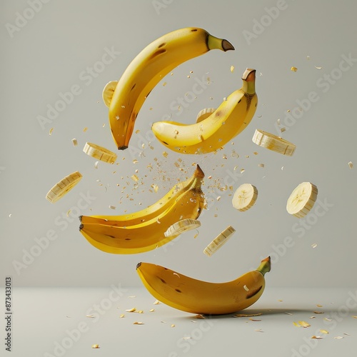 Several ripe yellow bananas are suspended in mid-air against a pale gray background. photo