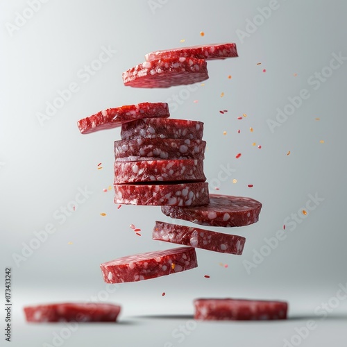 Slices of delicious fresh sausage fly in the air on a white background. photo