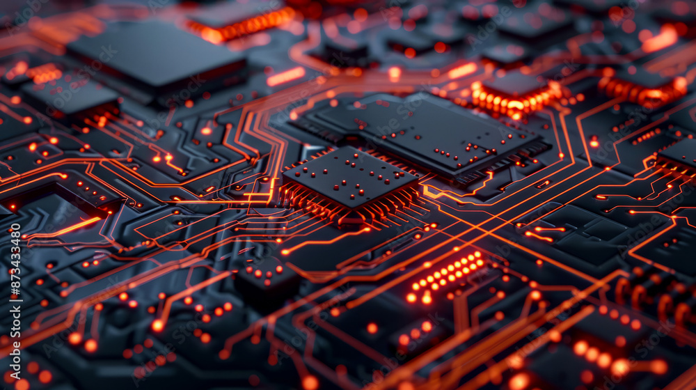 High-tech circuit board with glowing pathways, futuristic electronic design High-tech circuit board with glowing pathways, futuristic electronic design