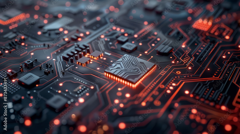 High-Tech Circuit Board with Glowing Microchips and Complex Design High-Tech Circuit Board with Glowing Microchips and Complex Design