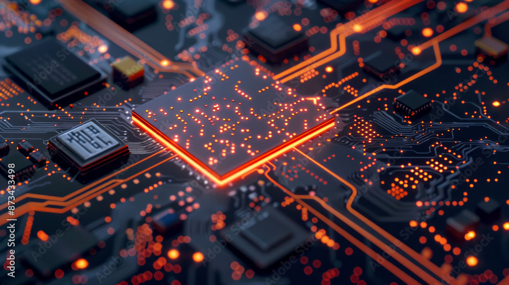 Futuristic Digital Circuit Board with Glowing Microchip, High-Tech Electronics Background, Cyber Technology Concept Futuristic Digital Circuit Board with Glowing Microchip, High-Tech Electronics Background, Cyber Technology Concept