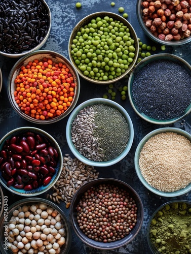 A variety of colorful beans and nuts are displayed in bowls on a counter. The bowls are arranged in a way that showcases the different colors and textures of the various types of beans and nuts